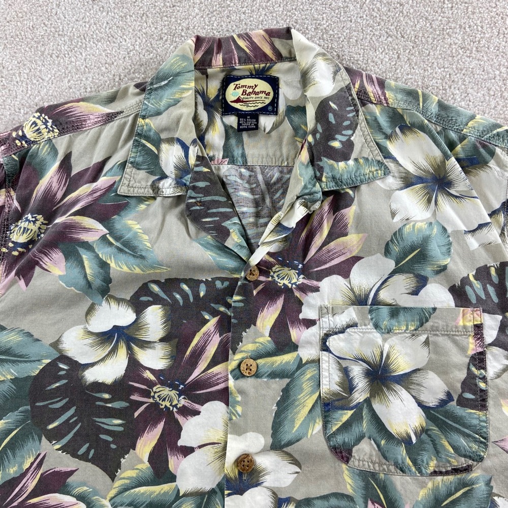 Vtg Tommy Bahama Shirt Mens M Green Floral Hibiscus Rayon Cotton Camp Aloha
